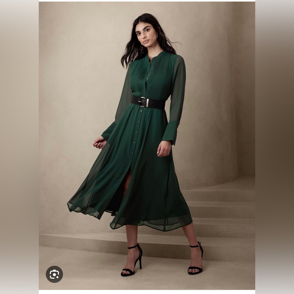 Banana Republic Factory Pleated Maxi Shirtdress New Hunter Green